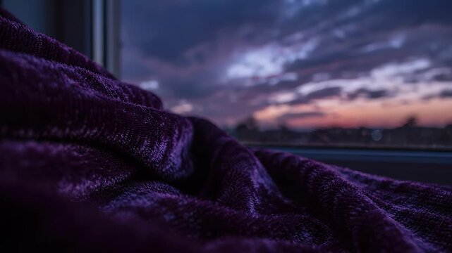 Purple velvet blanket by window at sunset, time lapse of vibrant evening sky changing from orange to dark blue dusk for cozy home interior atmosphere.