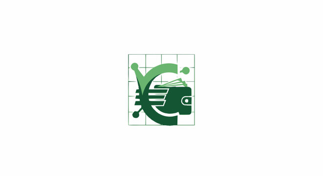 Green digital wallet and euro currency symbol logo representing fintech and online payment systems.