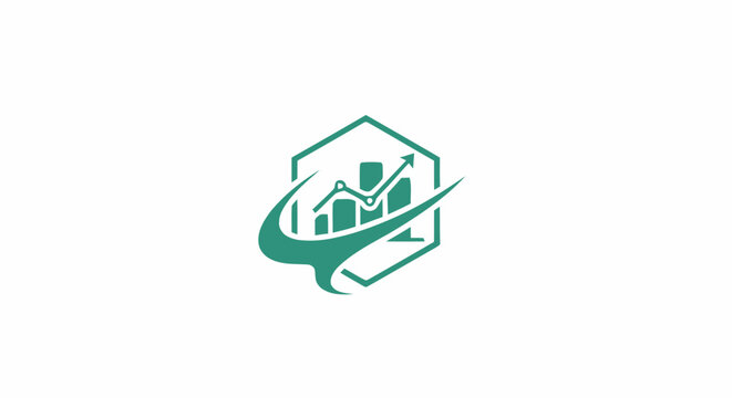 Green business growth logo icon with financial chart and upward arrow inside a hexagon.