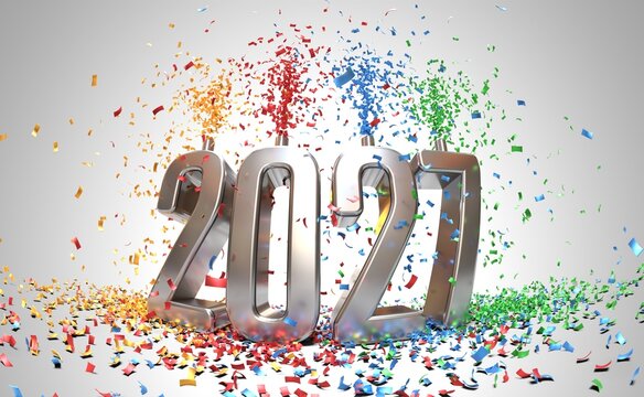 Silver 2027 New Year Digits with Exploding Colorful Confetti Cannons - 3D Rendering