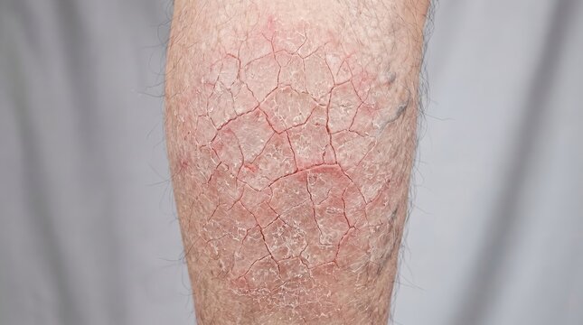 Severe dry cracked skin eczema craquele tinea on senior person leg