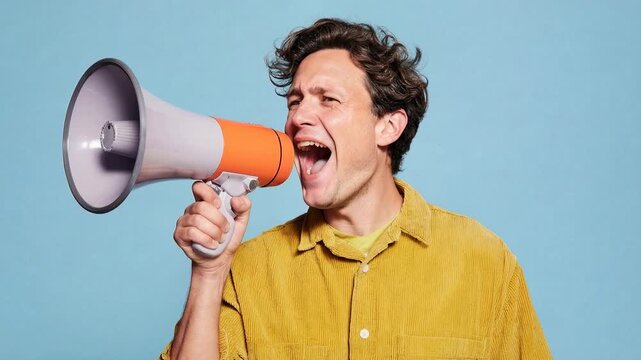 Man shouting through a megaphone, conveying a message with energy and enthusiasm