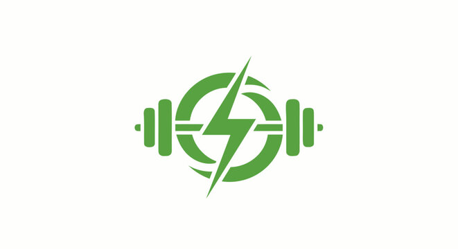 Green fitness logo featuring a barbell and a lightning bolt symbol representing energy and strength.