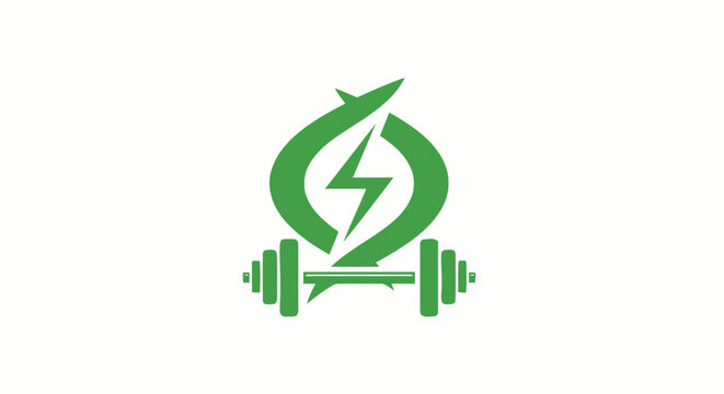 Green fitness logo with barbell and lightning bolt symbol representing energy and strength.