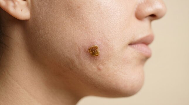 Close up of woman face cheek with healing thick yellow scab from skin lesion