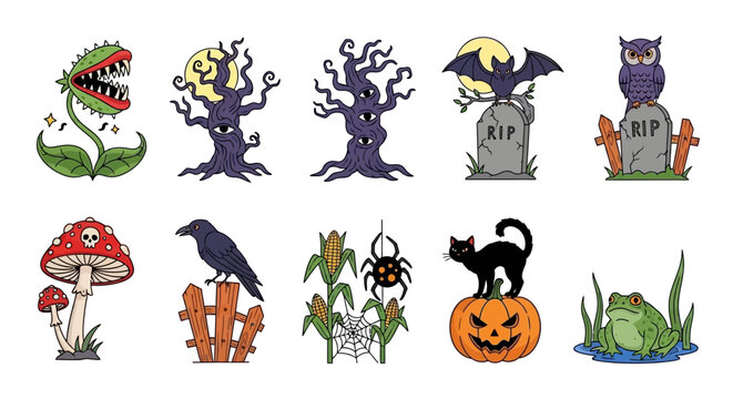 Spooky halloween icons set with haunted trees bats and pumpkins