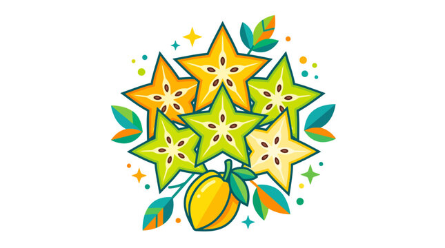 Starfruit with green leaves and spots.