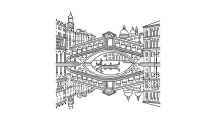 Venice Rialto Bridge Outline Reflection Drawing, Gondola on Canal © Sepeda