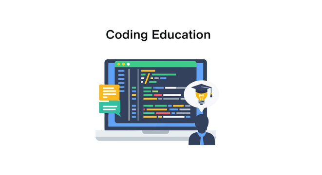 Student wearing graduation cap coding.