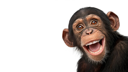 Funny small furry baby chimpanzee monkey laughing happily in profile isolated on transparent background Png cut out ©  Morozova-png