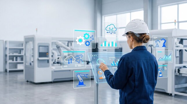 Female engineer operating virtual control panel in smart factory, managing robotic arms and cloud computing systems, industry 4.0 automation and manufacturing process optimization.