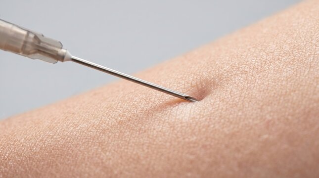 Macro close up of medical syringe needle injecting hyaluronic acid into skin