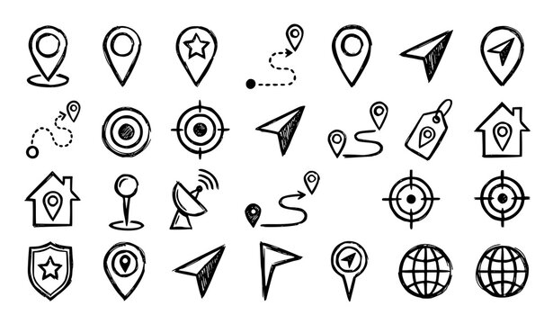 Sketch Map Pin and Navigation Marker Icon Bundle with Hand Drawn GPS Symbols