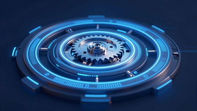 A futuristic circular interface featuring metallic gears illuminated by vibrant blue neon lights, symbolizing technology and progress.