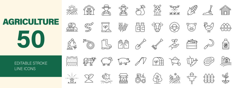 Agriculture icon set. Editable line icons. Vector illustration.