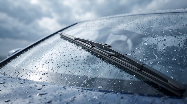 Close up of water droplets on a blue car windshield with a single wiper blade under an overcast sky.