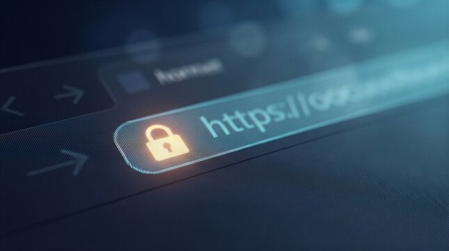 Glowing padlock icon appears next to an HTTPS URL in a web browser address bar to represent internet security and data encryption.