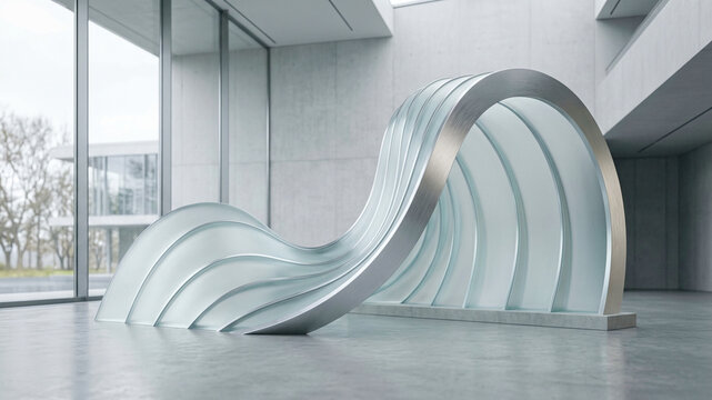 modern abstract architectural sculpture featuring curved frosted glass layered structural elements resting inside clean empty bright minimalist concrete building interior space background