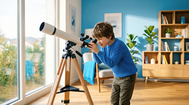 Curious young boy looking through astronomical telescope inside bright modern home living room representing childhood education science discovery learning hobby exploration