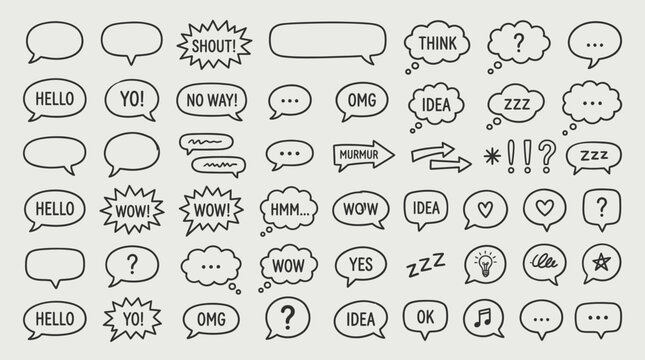 Comic speech bubbles and thought balloons, hand-drawn vector elements