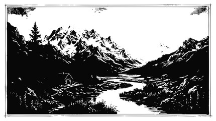 Obraz premium Serene Mountain Landscape with River and Cabin, Black and White Illustration