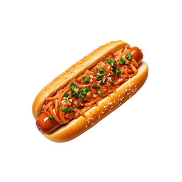 Korean inspired hot dog topped with spicy kimchi and green onions on sesame seed bun for asian fusion menu, design street food, isolated