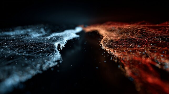 Blue and red data mesh face off, symbolizing cyber conflict between nation state, digital attack, and geopolitical tension.