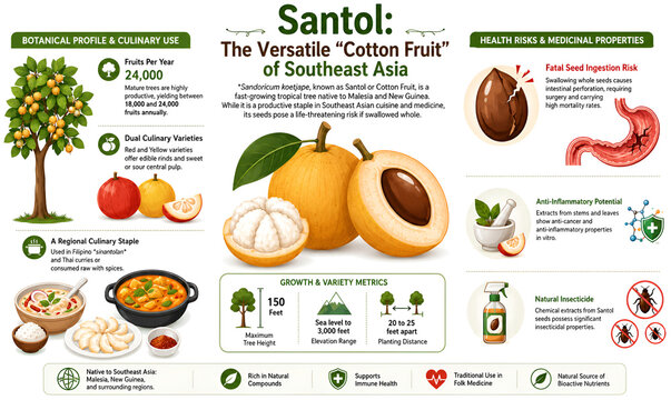 Educational infographic exploring santol, Sandoricum koetjape, covering its origin, botany, nutrition, cultivation and fruit uses.