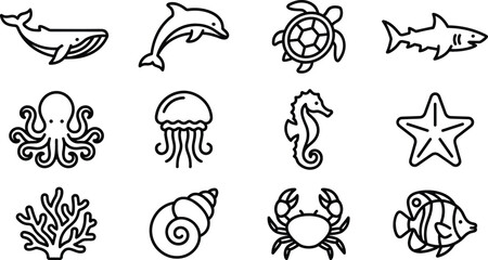 Sea Life and Marine Animal Line Icon Set with Whale, Dolphin, Sea Turtle, Shark, Octopus, Jellyfish, Seahorse, Starfish, Coral reef, Shell, Crab, and Tropical Fish © Ashik 
