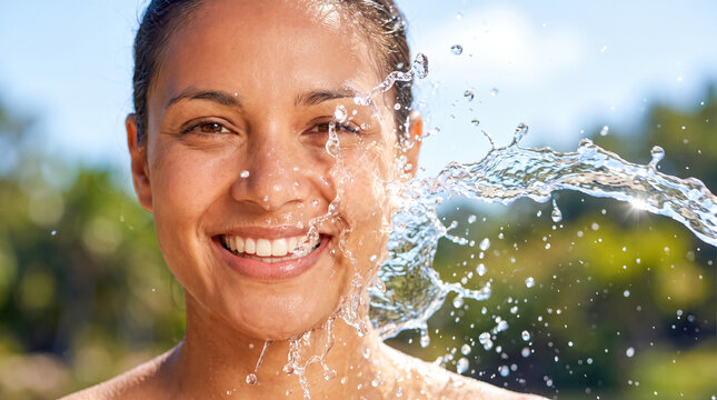Beautiful smiling young woman with perfect glowing skin washing face with fresh splashing water outdoors in sunny green park enjoying healthy skincare routine