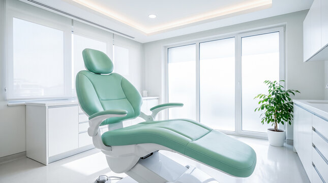 Bright empty spacious modern dental clinic interior featuring highly advanced comfortable medical examination chair professional equipment standing ready near large bright window
