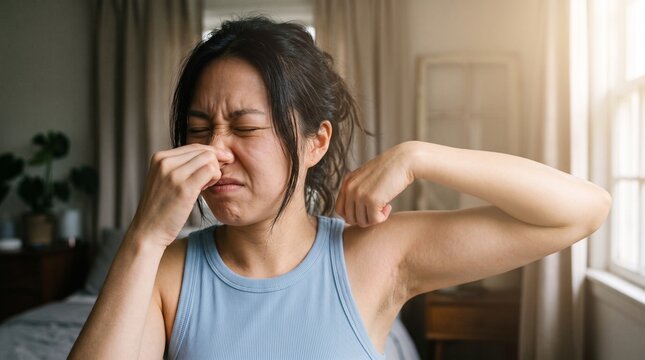 Young woman wearing a blue tank top pinches her nose with her fingers while checking her underarm for a bad body odor in a bright and cozy sunlit room.
