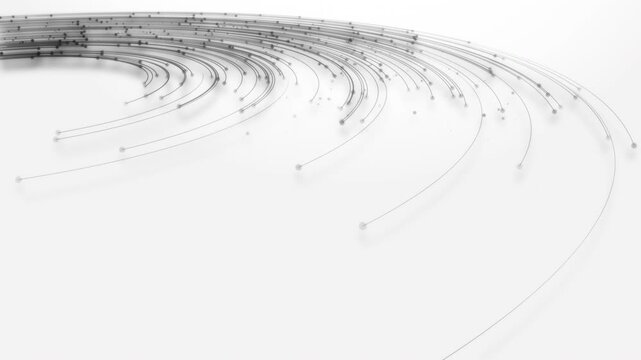 Abstract gray flowing lines with floating particles on white background, minimalist curved wave pattern, futuristic technology communication, fiber connection, elegant motion design backdrop