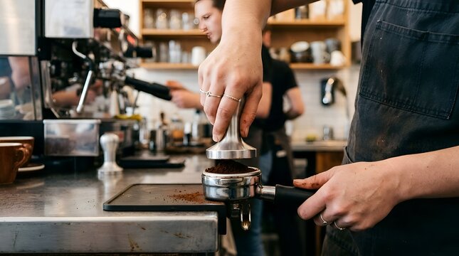 Barista tamping coffee grounds in espresso machine portafilter