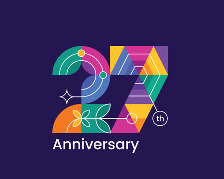 Modern 27th anniversary geometric vector logo with colorful abstract circular elements. Perfect for corporate milestone celebrations, branding, events, posters, banners, and digital or print design.