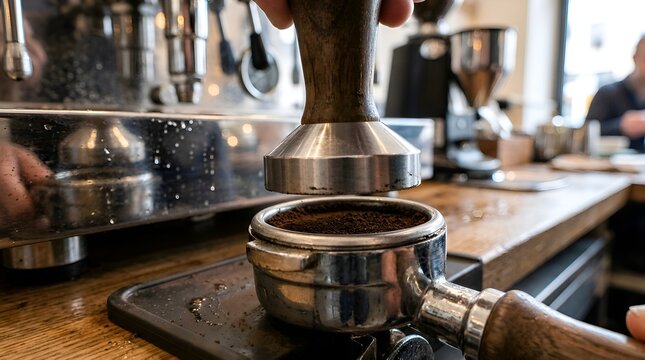 Barista tamping fresh espresso grounds in a coffee machine portafilter