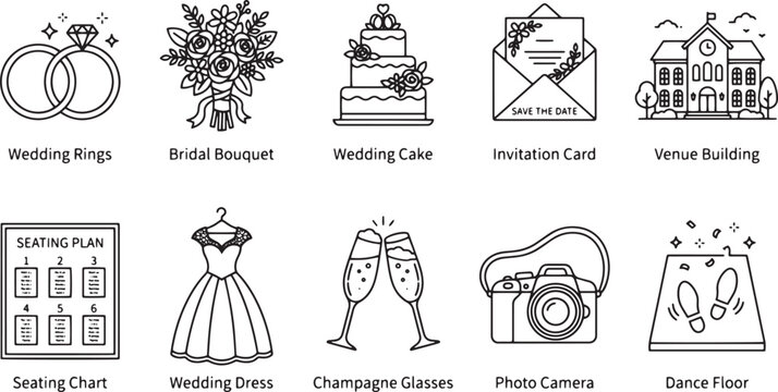 Minimalist wedding line icons set, 10 bridal celebration vector elements, black and white marriage planning symbols for invitations and stationery