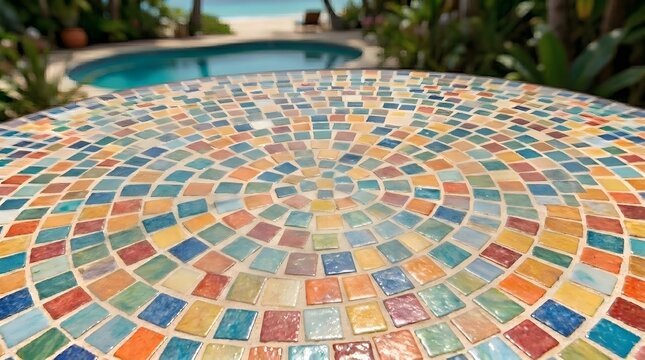 Close-up of a vibrant, circular mosaic tile bistro table set against a blurred tropical resort background with a swimming pool.