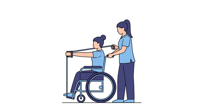 Woman assisting disabled person exercise.