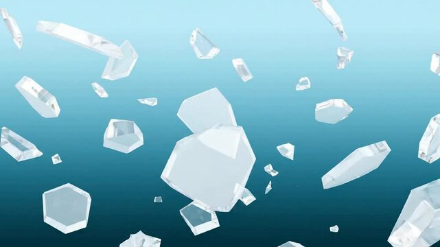 Abstract falling glass shards and crystal fragments floating on blue gradient background, for motion and, visual effects png., ai generated