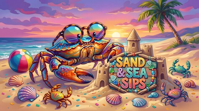 Colorful cartoon illustration of a cool crab with glasses and other crabs having a beach party with shells, a ball, and a sign.