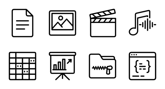 Digital Media Icons Set: Document, Image, Film, Music, Spreadsheet, Presentation, Folder, Code
