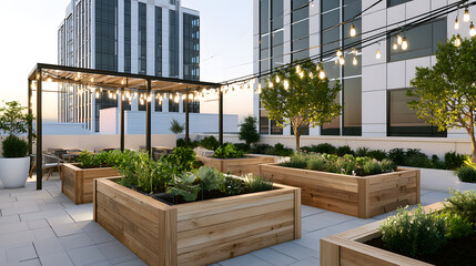 Fototapeta premium Rooftop Garden with Raised Planters and String Lights in Urban City Setting at Sunset