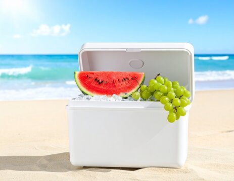 Sliced watermelon in a cooler box with ice on a sunny beach for summer food safety.