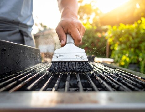Hand using a wire brush to clean a barbecue grill grate for food safety and hygiene.