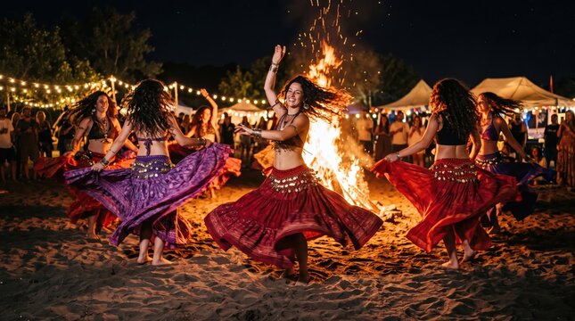 Female belly dancers in vibrant skirts dancing around large bonfire at night with market tents and festival lights in background, motion filled cultural evening performance