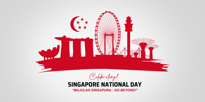 Modern 61st Singapore National Day 2026 Skyline Silhouette Illustration with Majulah Singapura Go Beyond Tagline. Singapore National Day 9th August 2026 Visual Illustration