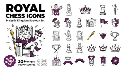 Royal chess icons bundle, majestic kingdom strategy set with 30 unique vector scenes, purple and white medieval game elements and royal characters © sidra