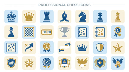 Professional chess icons set, strategy game tournament symbols in blue and gold, 28 flat vector elements for competition and logic sports © sidra