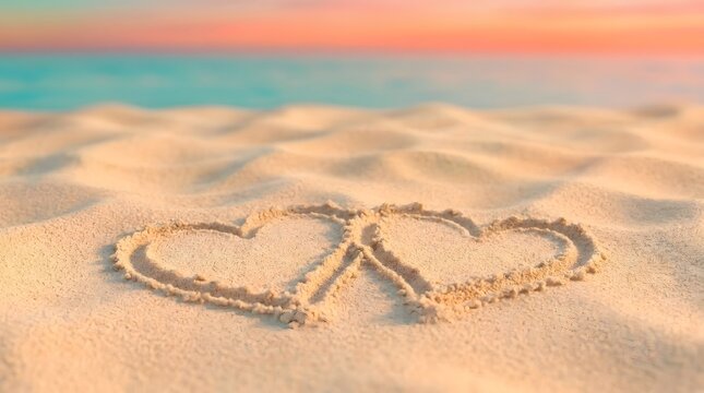 Romantic interlocking hearts carved into beach sand at sunset